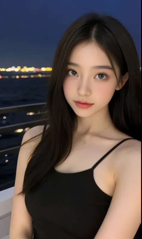 (Original photo of 8K,best qualtiy,tmasterpiece:1.2),(Medium view),the night,Night on a yacht,Sea and night view in the background,best qualtiy,tmasterpiece,(Small mouth:1.hort- sleeved,short- sleeved,short- sleeved,short- sleeved,an extremely delicate and...