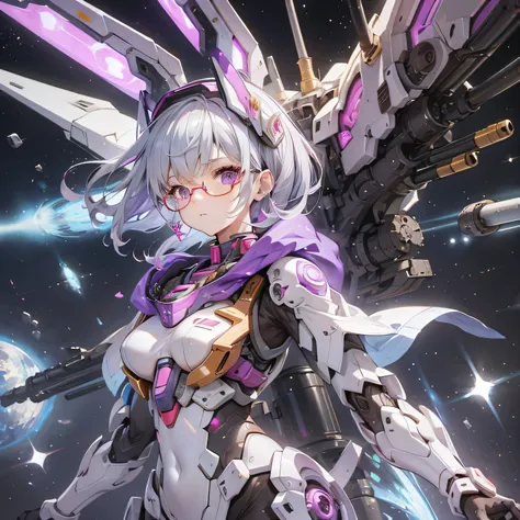 Glasses、woman, Silver Hair、Jeong 、Purple Body、 Hi-Res,sunny, mechanical woman,Armed, nostalgic,universe,gundam,gun