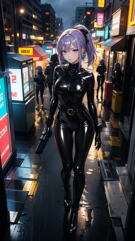 (masterpiece, center, Detailed), a chic, Alone, seen from above, looking at the spectator, ojos Detaileds, purple eyes shirt, Lavender hair short ponytail, Love, Medium breasts, ((black latex bodysuit)), (black gloves, ((shiny black leggings)), black boots...