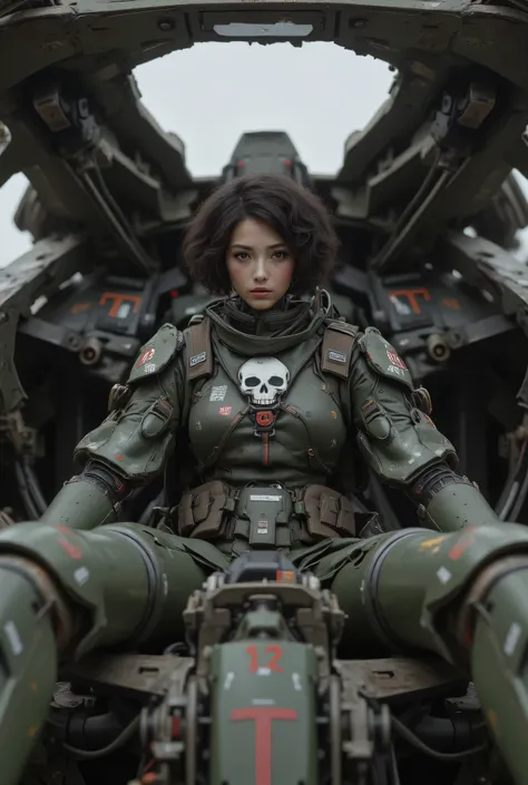 8k,Realistic Skin Texture、Superrealism、Realistic Photo、Near-future軍所属の日系女性パイロットが大型ロボットのコックピットに乗っている、Damaged moss green battle armor robot、Skull mark painted on armor、Near-future、Painting of the unit and identification number、Peeling paint、Oil stains、Detai...