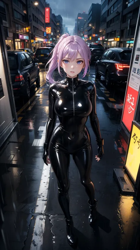 (masterpiece, center, Detailed), a chic, Alone, seen from above, looking at the spectator, ojos Detaileds, purple eyes shirt, Lavender hair short ponytail, Love, Medium breasts, ((black latex bodysuit)), (black gloves, ((shiny black leggings)), black boots...