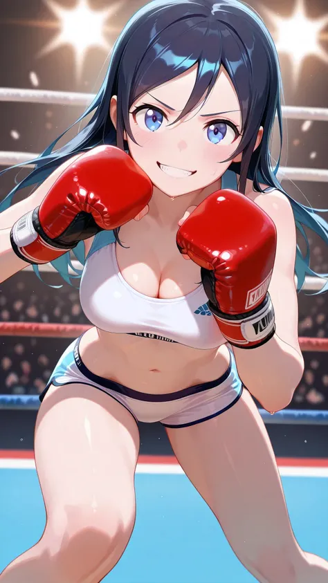ayase aragaki, long hair, blue eyes, black hair, solo, Detailed eyes, white sports bra, white  sports very short spats, fingerless gloves, thigh, cleavage, slim long legs, medium breast, grinning, looking at viewer, Detailed eyes, Detailed face, (portrait,...