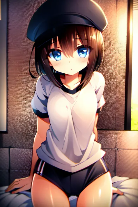 Helga Haruka, blue eyes, brown hair, short hair, Brown hat, school gym uniform , 1 girl, shy face ,love hotel,bed,perfect anatomy 