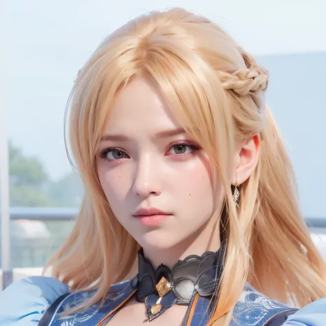 best quality, ultra high res, (photorealistic1.4), blue dress, 1girl, solo, (orange long hair:1.3), japanese face, sweat, 3d realistic game, ((puffy eyes)), ((closeup)),