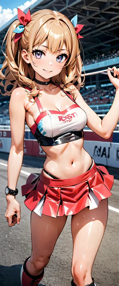 best quality, super high resolution,  One person,  small breasts, black choker, smile,  exposes shoulders,  focus only , Viewers,Fair skin,car race track,photon mapping, Physically Based Rendering,  RAW photos , very detailed background, K-pop Idol ,depth ...
