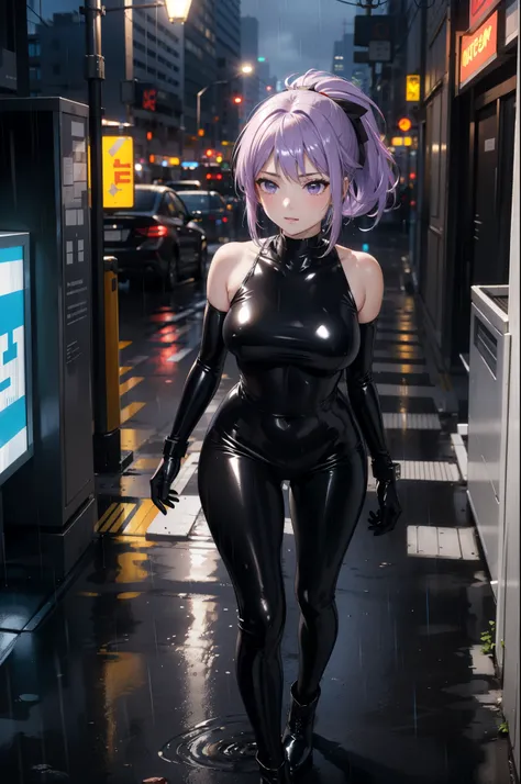 (masterpiece, center, Detailed), an elegant, Alone, seen from above, looking at the spectator, ojos Detaileds, purple eyes t-shirt, Short ponytail with lavender hair, love, Medium breasts, ((black latex suit)), (black gloves, ((shiny black tights)), black ...