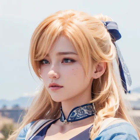 best quality, ultra high res, (photorealistic1.4), blue dress, 1girl, solo, (orange long hair:1.3), japanese face, sweat, 3d realistic game, ray tracing, ((puffy eyes)), ((closeup)),