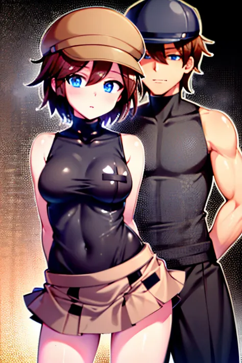  masterpiece ,   of the best quality，1 girlとone man，(  1 girl , Helga Haruka    ,    blue eyes, brown hair, short hair, Brown hat, sleeveless turtleneck, plaid skirt,perfect anatomy,shy face ) ,   ( one man,middle-aged man whose mother is ,black suit, Perf...
