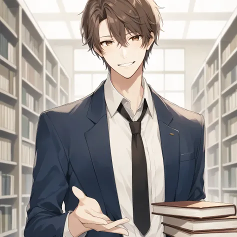 A recent Japanese anime style。suit。Age 30。one man laughing faintly。smoky brown hair。hand me a book with a gentle smile。 Libraries 