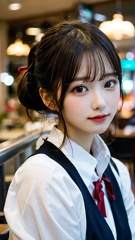 A Japanese high school girl sitting casually in a shopping mall food court. She is wearing a navy blue school uniform with a red ribbon and blazer. Her hairstyle is natural and soft, like a loose ponytail or half-up hair, with warm brown or dark brown colo...