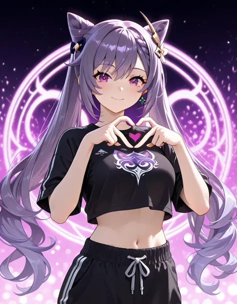 keqing, braid, cone hair bun, hair bun, hair ornament, long hair, purple eyes, Fantasy_eyes, purple hair, black crop-top, black sweatpants, 4-finger heart hands, heart hands, smiling, japan night street background