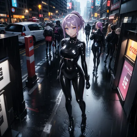 (masterpiece, center, Detailed), a chic, Alone, seen from above, looking at the spectator, ojos Detaileds, purple eyes shirt, Lavender hair short ponytail, Love, Medium breasts, ((black latex bodysuit)), (black gloves, ((shiny black leggings)), black boots...