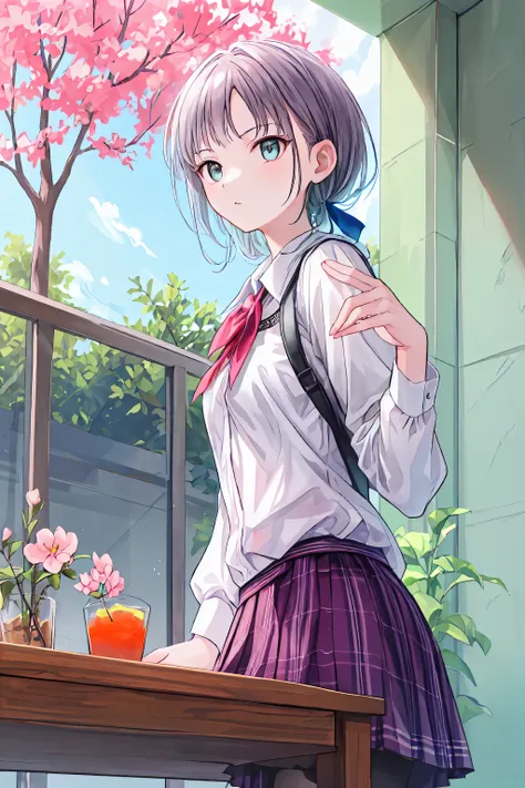 (( masterpiece)), ( of the best quality), ( supernatural), ( beautiful illustration),
outdoor, Flower Garden, cherry blossoms,
Hidden Tsukiko , Gray Hair , short hair, Aqua Eyes, side ponytail , uniform, white shirt, pink plaid skirt, Black Legwear ...