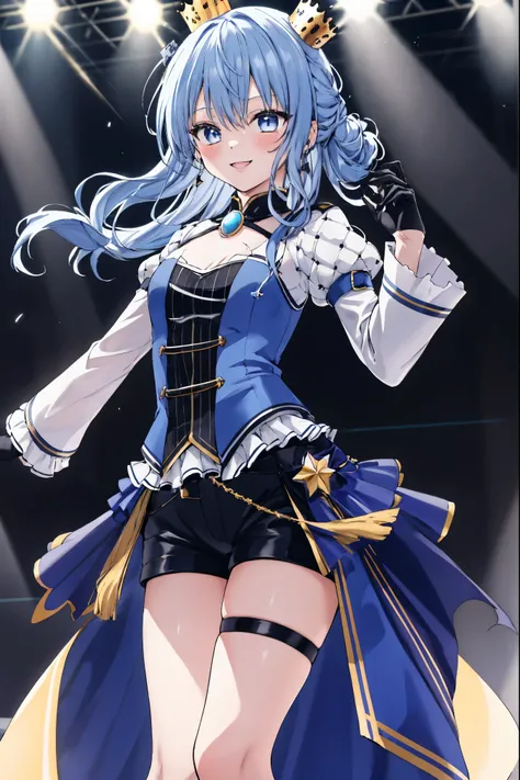 1girl, solo, concert, stage, stage lights, cowboy shot, idol, SuiseiStellar, long hair, half updo, tilted crown, white shrug \(clothing\), juliet sleeves, blue brooch, blue pinstripe shirt, blue vest, half gloves, blue shorts, half-skirt, o-ring thigh stra...