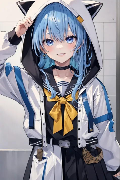 1girl, solo, detailed face,SuiseiSchool, long hair, black serafuku, black shirt, black choker, yellow bowtie, grey belt, black skirt, white jacket, hood up, cat hood, open jacket,smile,.