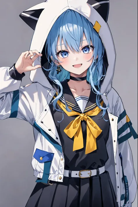 1girl, solo, detailed face,SuiseiSchool, long hair, black serafuku, black shirt, black choker, yellow bowtie, grey belt, black skirt, white jacket, hood up, cat hood, open jacket,smile,.