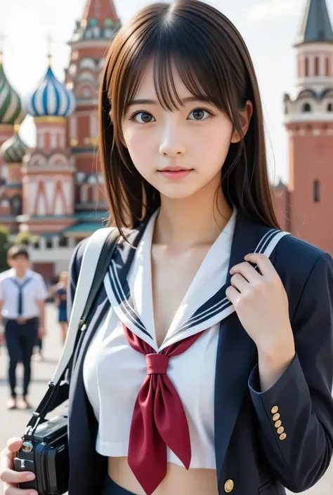 Super Real, photorealistic, Dramatic scene, shadow, global lighting, solo, (Age Famous Japanese Idol Girl), very beautiful and delicate Japanese girl, Very beautiful、very cute but masculine and cool face, (very big breasts), slim waist, (I'm wearing a cute...