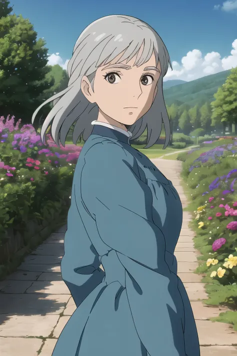 upper body, (best quality), (obra-prima), (Sozinho), 1 menina, gray hair, head, Medium length hair, blue dress, grama, flores, lago, trees, montanhas, ensolarado, looking at the viewer