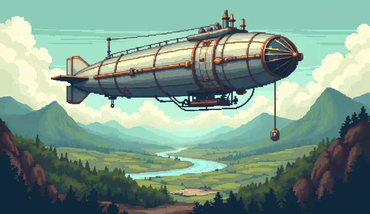 A pixel art scene of a beautiful steampunk landscape with flying blimb. The scene has a calm, serene atmosphere, with a nostalgic retro RPG aesthetic, detailed shading.