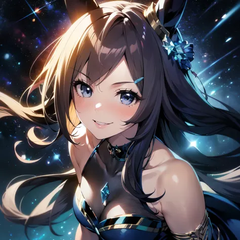 (Solo: 1.5), (Young human girl: 1.5), (Horse ears), (Large breasts), (Looking at camera), (Smiling sweetly: 1.5), (Long black hair), (Hair blowing in the wind), (Dark blue dress: 1.9), (Black pantyhose), (Leaning forward: 1.5), (Dark background, crystal, c...
