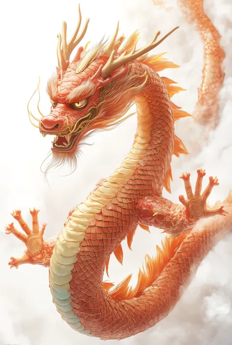 Vibrant Chinese dragon facing front, crimson scales with gold filigree patterns and turquoise underbelly, two jade-tipped claws raised in symmetrical power pose. Phoenix feather mane in scarlet and gold flowing upward, glowing taiji eyes emitting golden be...
