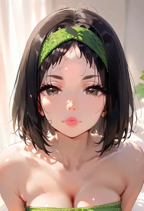 perfect face, black hair, short hair, (green headband, forehead), black thin eyebrows, dark brown eyes, black eyelashes, nose, pink lips, collarbone, cleavage, (green tube top), medium breasts, looking at viewer