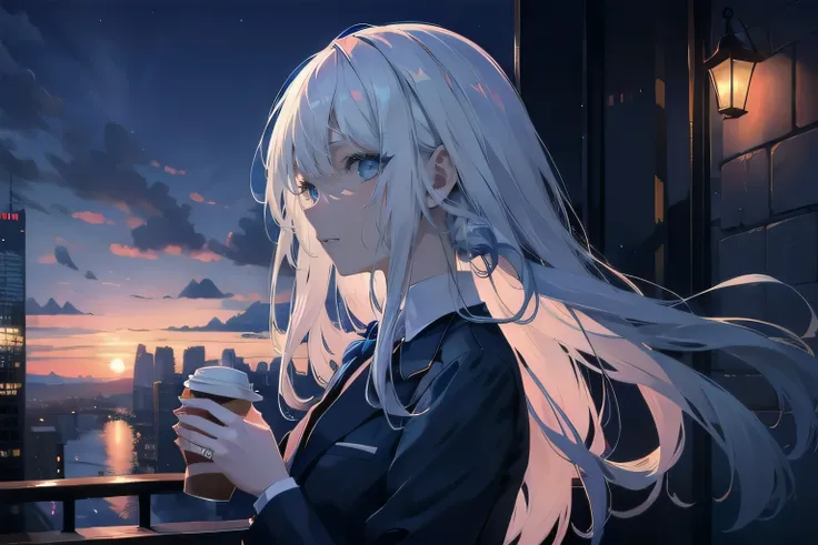 (masterpiece), (best quality), ultra detailed, finely detailed color, cenematic painting, ((holding coffee)), urban, sunset, twilight, dusk, vesper, rooftop, cityscape, bishoujo, ((one lady)), 20-year-old lady, cute face, white hair, absurdly long hair, st...