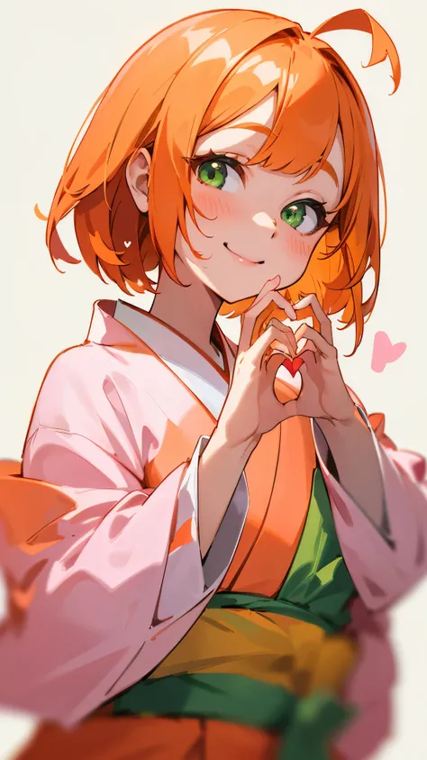 simple background、1 woman、smile、aligned bangs、bob hair、orange hair、green eyes、young woman、upper body close-up、pink kimono、( make your hands heart shaped:1.2)