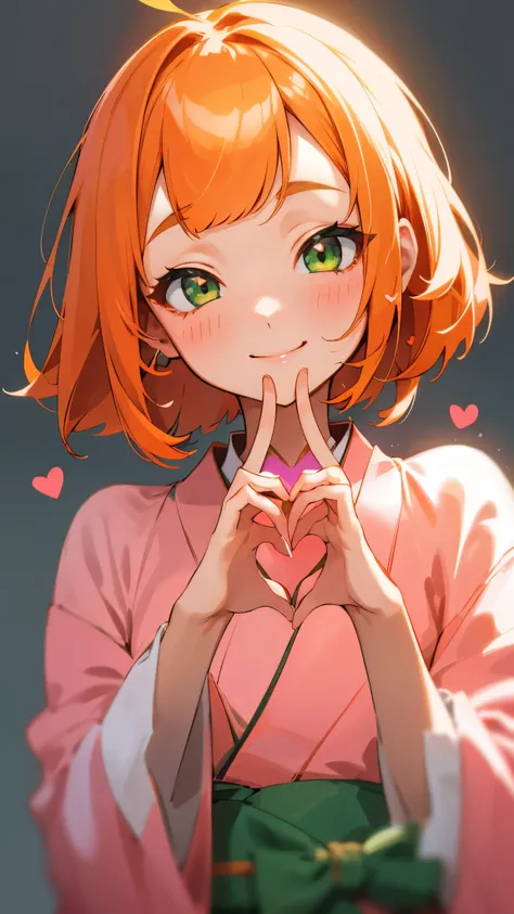 simple background、1 woman、smile、aligned bangs、bob hair、orange hair、green eyes、young woman、upper body close-up、pink kimono、( make your hands heart shaped:1.2)