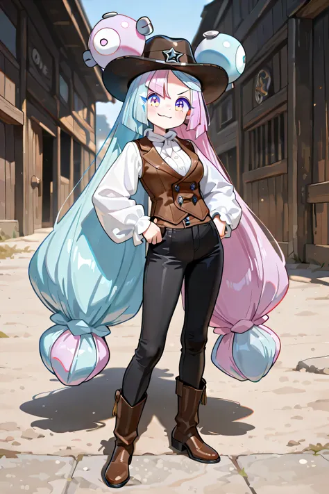 Iono (Scarlet and Violet Pokémon), oung girl, ((((only ONE Iono)))), medium breasts, very long hair, twintails, two-tone hair, light blue and pink hair, two-tone eyes, pink and blue eyes, happy expression, extremely detailed face, old west clothes, ((wild ...