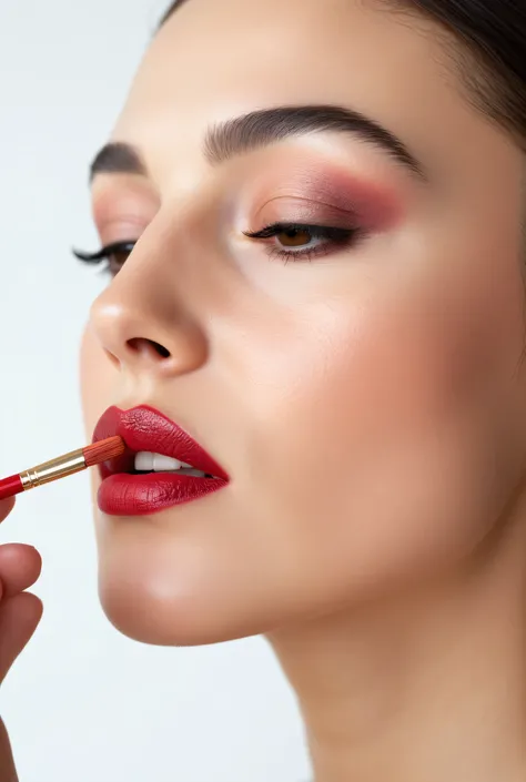 (Highly detailed, Realistic photo, realistic skin texture), 8k, Close-up of the woman's side face looking to the side, the eyes closed and the mouth open, her lips painted with a small red paint brush, A makeup artist is making up her lips with a small red...