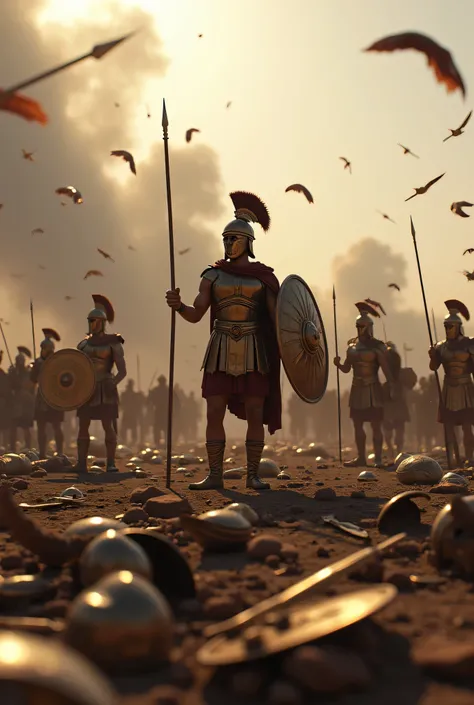 **Prompt:** Create a hyperrealistic digital artwork depicting an ancient, burnt battlefield from the Archaic prehistoric era, illustrating the devastating loss of the green Persian ry as they confront the victorious Greek hoplites. Focus on intricate de...