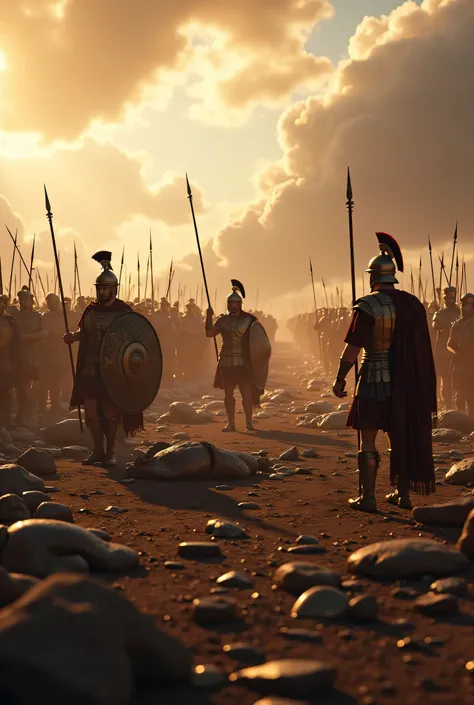 **Prompt:** Create a hyperrealistic digital artwork depicting an ancient, burnt battlefield from the Archaic prehistoric era, illustrating the devastating loss of the green Persian ry as they confront the victorious Greek hoplites. Focus on intricate de...
