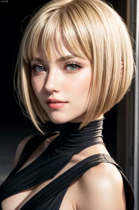 1girl, corpo_inteiro, (obra-prima, best quality:1.4), clare,  gray eyes,   blonde bob haircut , blonde bangs, perfect Nordic female face, beautiful silver eyes,  sexy smile, rosto lindo, (highly detailed face), highly detailed eyes, highly detailed skin,  ...