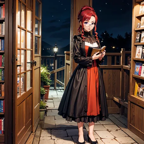 Mizuho Kazami, (stylized by Robert Crumb), English woman, 1 woman, solo, mature, good figure, detailed face, red hair, purple eyes, glasses, hair up in bun, sidelocks, drill hair, standing, gothic dress, scarlet dress, gothic city, medieval style, no emoti...