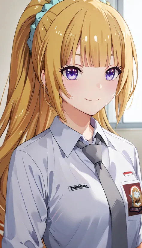 score_9, score_8_up, score_7_up, solo, 1girl, source_anime, keikaruizawa, kei karuizawa, long hair, bangs, blunt bangs, blonde hair, hair ornament, violet eyes, ponytail, scrunchie, ihsu,1girl, chihuri, warm smile, grey tie, mid shot, half body 