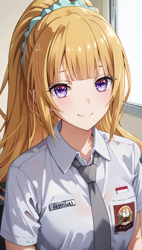 score_9, score_8_up, score_7_up, solo, 1girl, source_anime, keikaruizawa, kei karuizawa, long hair, bangs, blunt bangs, blonde hair, hair ornament, violet eyes, ponytail, scrunchie, ihsu,1girl, chihuri, warm smile, grey tie, name tag "Kei Karuizawa" on shi...