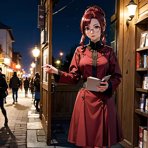 Mizuho Kazami, (stylized by Robert Crumb), English woman, 1 woman, solo, mature, good figure, detailed face, red hair, purple eyes, glasses, hair up in bun, sidelocks, drill hair, standing, gothic dress, scarlet dress, gothic city, medieval style, no emoti...