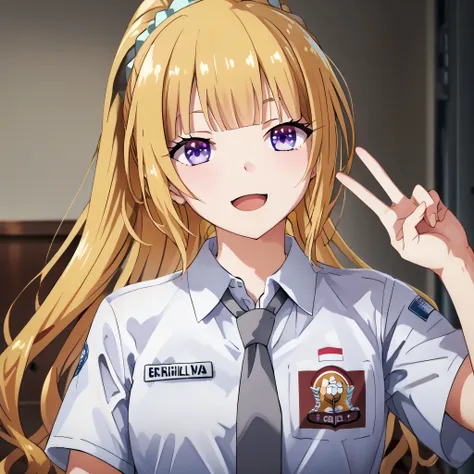 score_9, score_8_up, score_7_up, solo, 1girl, source_anime, keikaruizawa, kei karuizawa, long hair, bangs, blunt bangs, blonde hair, hair ornament, violet eyes, ponytail, scrunchie, ihsu,1girl, chihuri, warm smile, open mouth, grey tie, name tag "Kei Karui...