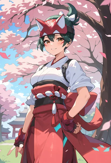 score_9, score_8_up, score_7_up, BREAK source_anime, best quality, masterpiece, 1girl , BREAK kiriko_(overwatch), Kiriko's mask, short hair, kiriko_ponytail, (brown_eyes), seductive smile, kimono, standing, (sakura tree background),
