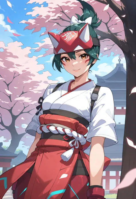 score_9, score_8_up, score_7_up, BREAK source_anime, best quality, masterpiece, 1girl , BREAK kiriko_(overwatch), Kiriko's mask, short hair, kiriko_ponytail, (brown_eyes), seductive smile, kimono, standing, (sakura tree background),