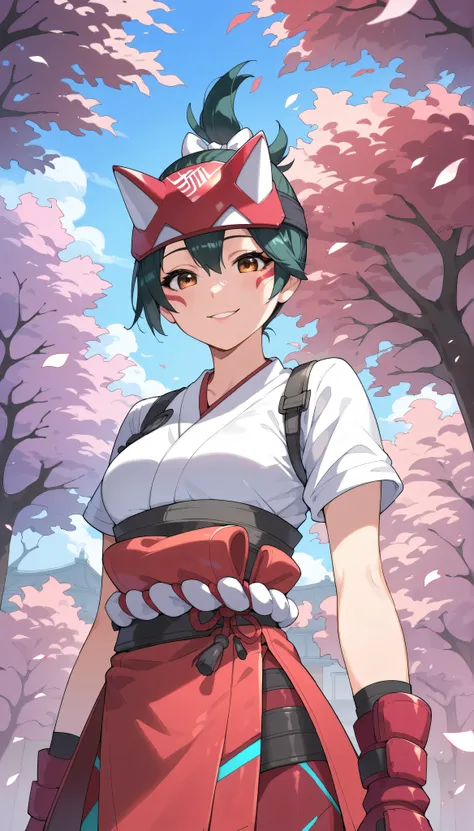 score_9, score_8_up, score_7_up, BREAK source_anime, best quality, masterpiece, 1girl , BREAK kiriko_(overwatch), Kiriko's mask, short hair, kiriko_ponytail, (brown_eyes), seductive smile, standing, (sakura tree background),