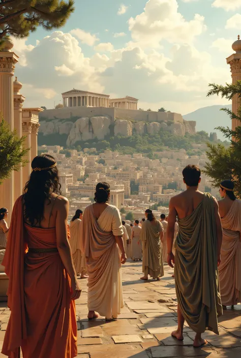 **Prompt:** Create a hyperrealistic digital artwork depicting the lively ancient city of Athens during its peak of prosperity. Capture a wide panoramic view that features a meticulously ordered cityscape, highlighting the majestic Acropolis and the fully b...