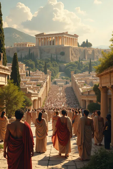 **Prompt:** Create a hyperrealistic digital artwork depicting the lively ancient city of Athens during its peak of prosperity. Capture a wide panoramic view that features a meticulously ordered cityscape, highlighting the majestic Acropolis and the fully b...