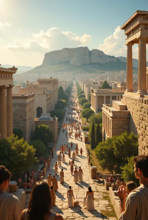 **Prompt:** Create a hyperrealistic digital artwork depicting the lively ancient city of Athens during its peak of prosperity. Capture a wide panoramic view that features a meticulously ordered cityscape, highlighting the majestic Acropolis and the fully b...