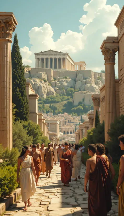 **Prompt:** Create a hyperrealistic digital artwork depicting the ancient city of Athens during its peak of prosperity. Capture a wide panoramic view that features a meticulously ordered cityscape, highlighting the majestic Acropolis and the Parthenon ...