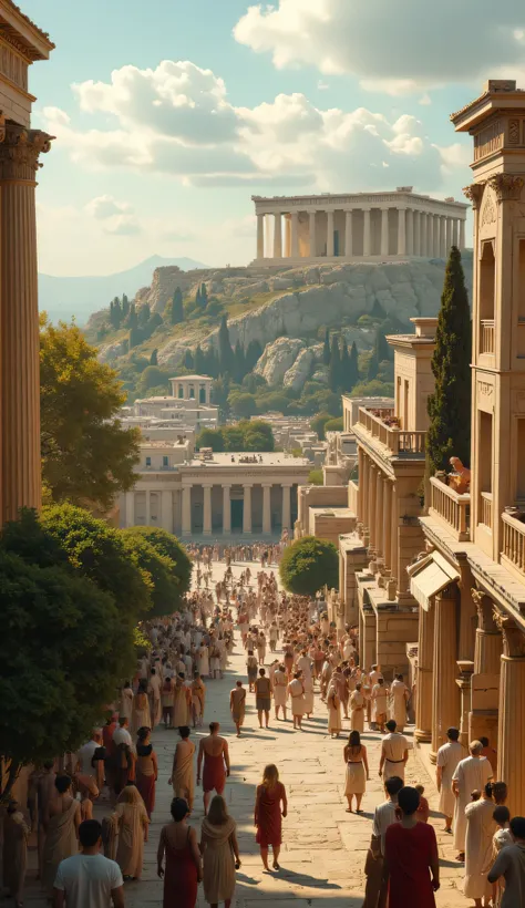 **Prompt:** Create a hyperrealistic digital artwork depicting the ancient city of Athens during its peak of prosperity. Capture a wide panoramic view that features a meticulously ordered cityscape, highlighting the majestic Acropolis and the Parthenon ...