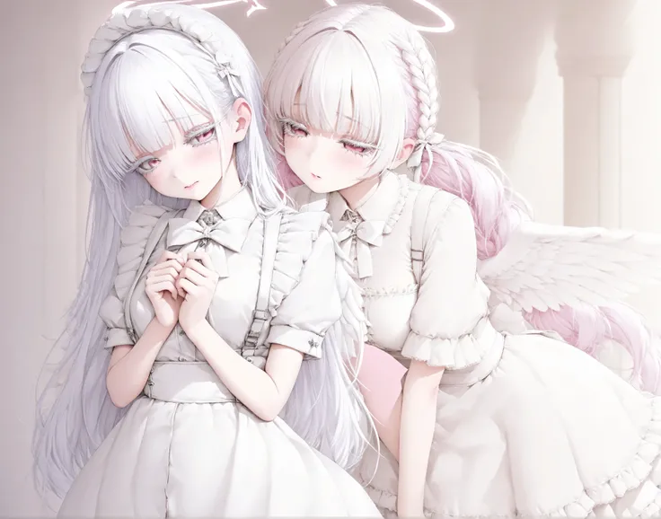 a girl,White hair,Two very long low ponytails,twist braid,Light pink eyes, white eyelash ,睫毛要 clear,Wearing a pure white suspender dress, ruffle,angel,Maid,feeling ,ambiguous, clear,anime style