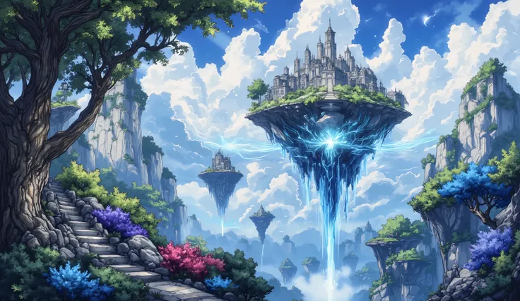surreal fantasy, digital paint, A landscape of floating islands with lush greenery, connected by glowing energy bridges., waterfall, buildings, blue and coral vegetation, soft colors.: artstation, matte painting, 4k post-processing, gaston bussiere, akihik...