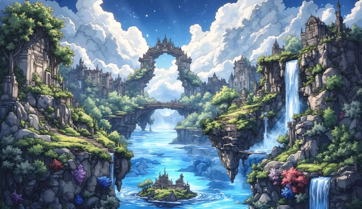 relief art, surreal fantasy, digital paint, A landscape of floating islands with lush greenery, connected by glowing energy bridges., waterfall, buildings, blue and coral vegetation, soft colors.: artstation, matte painting, 4k post-processing, gaston buss...